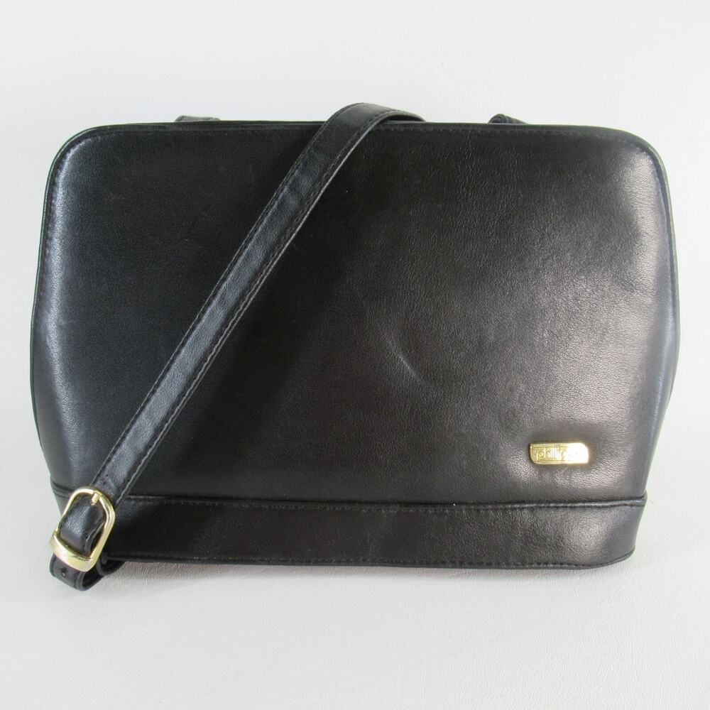 Vtg Phillippe Black Leather Crossbody Convert Shoulder Purse Gold Tone Bag Lined